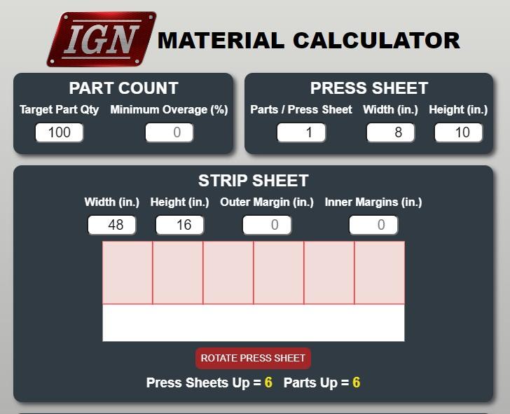 Screenshot of the IGN Material Calculator.